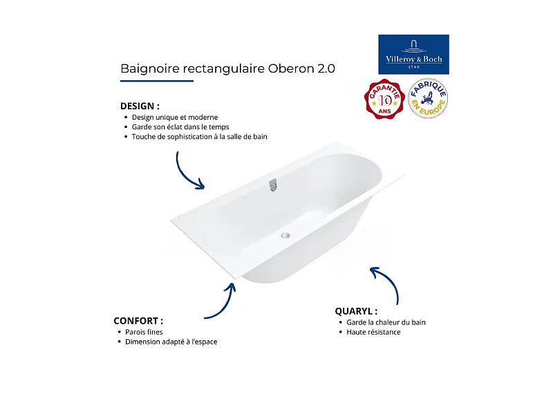 Baignoire droite 180 X 80 VILLEROY & BOCH Oberon 2.0 blanc mat