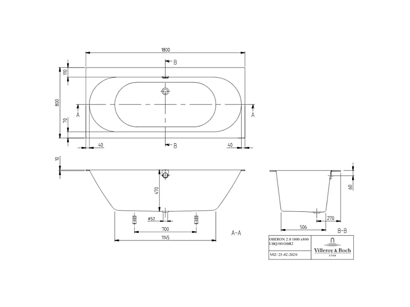 Baignoire droite 180 X 80 VILLEROY & BOCH Oberon 2.0 blanc mat