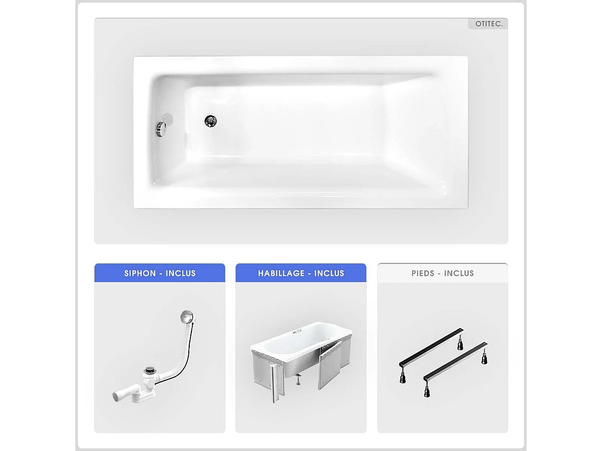 Baignoire rectangulaire - 150 x 70 cm - avec Habillage - Pieds - Vidage Chrome - TALIA