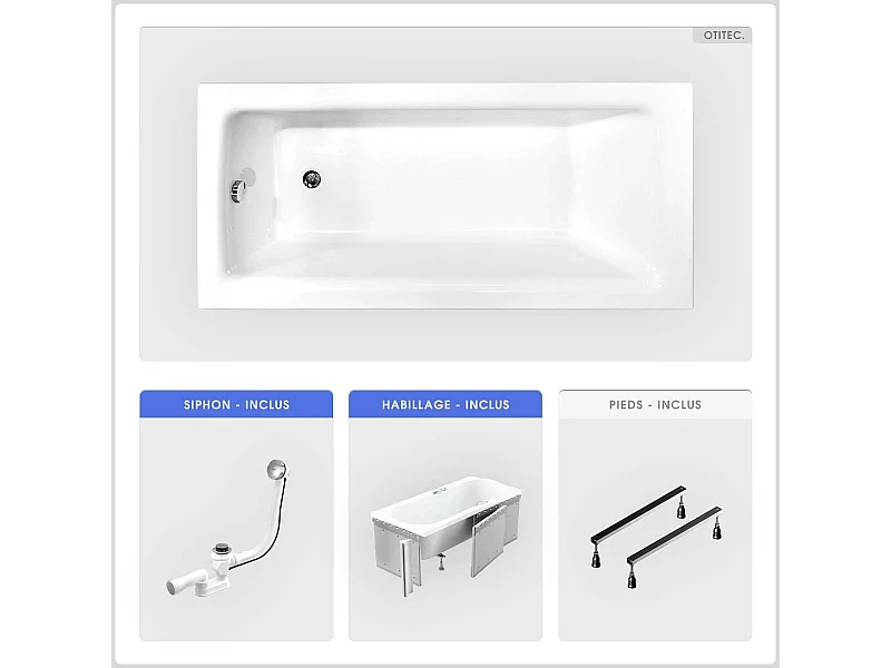 Baignoire rectangulaire - 150 x 70 cm - avec Habillage - Pieds - Vidage Chrome - TALIA