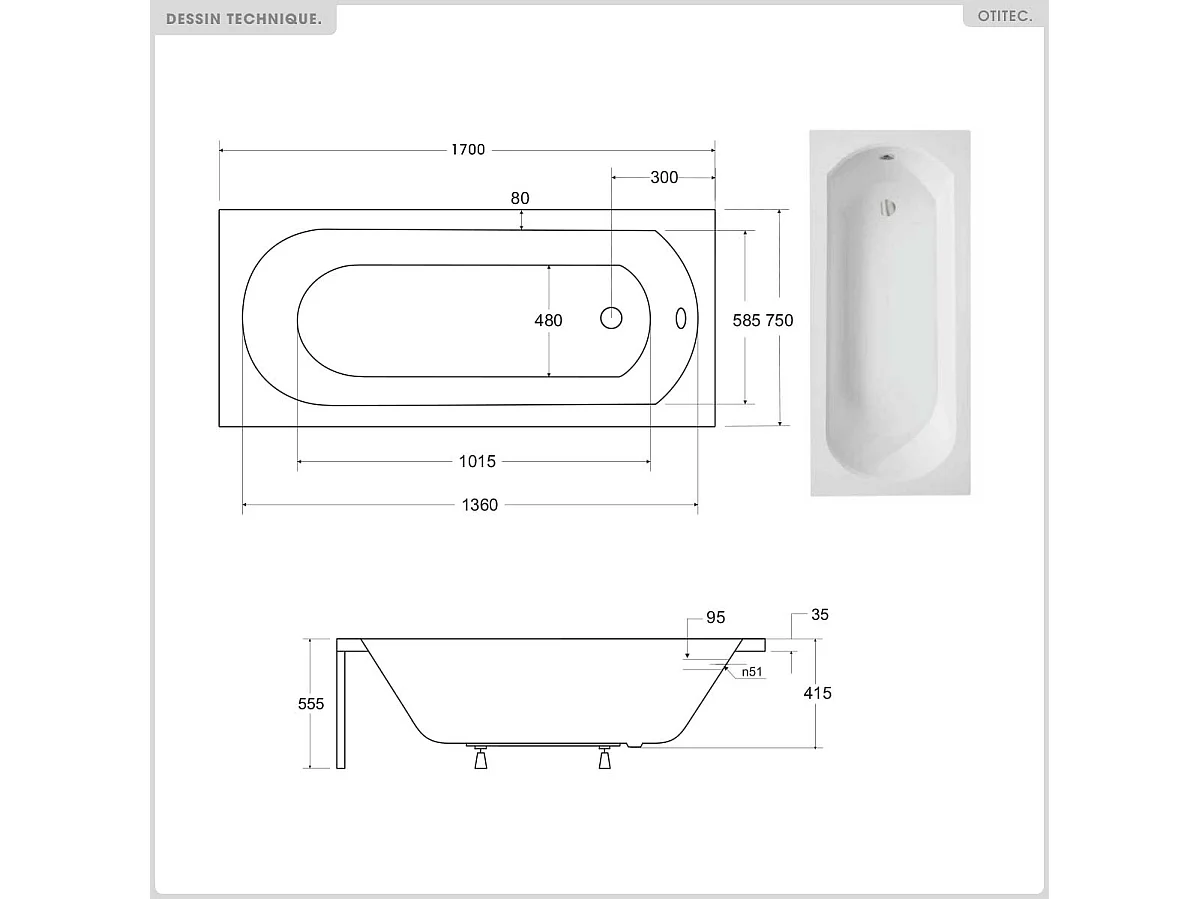 Baignoire rectangulaire - 170 x 75 cm - avec Habillage (4 cm) - Pieds - Vidage Chrome - INTRICA SLIM