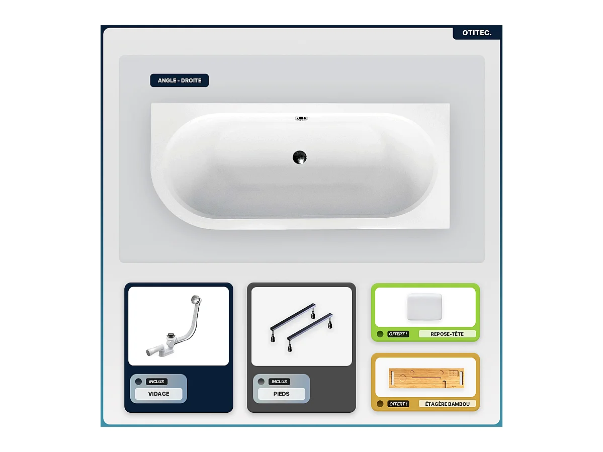 Baignoire asymétrique - 160 x 75 cm - Droite - sans Habillage - avec Pieds - Repose-tête - Étagère bambou - Vidage Chrome - AVITA
