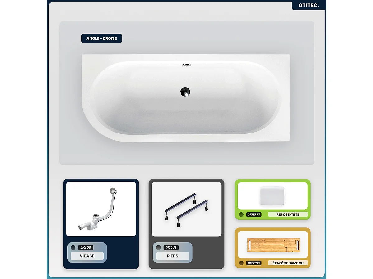 Baignoire asymétrique - 160 x 75 cm - Droite - sans Habillage - avec Pieds - Repose-tête - Étagère bambou - Vidage Chrome - AVITA