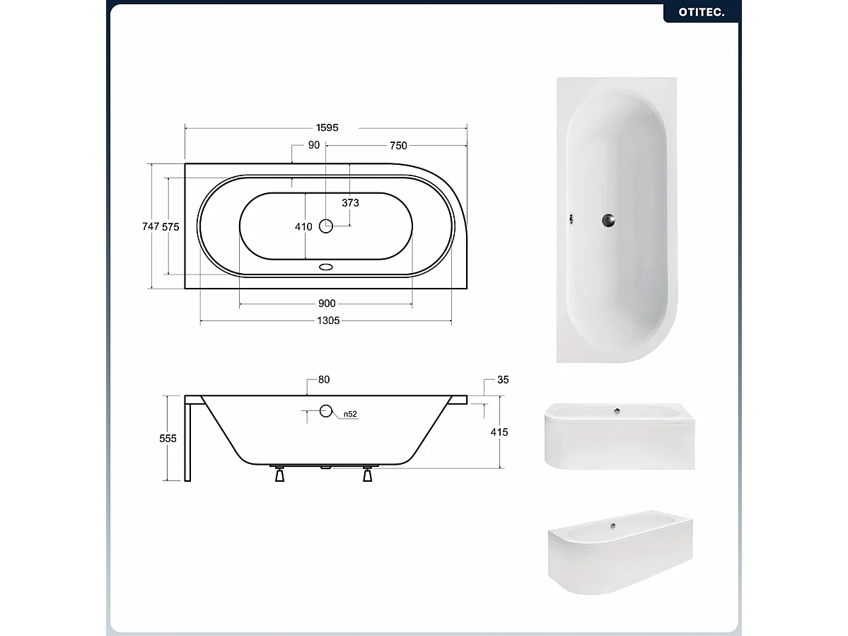 Baignoire asymétrique - 160 x 75 cm - Droite - sans Habillage - avec Pieds - Repose-tête - Étagère bambou - Vidage Chrome - AVITA