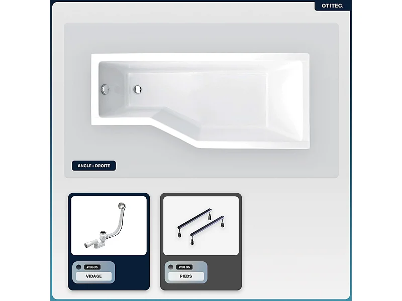 Baignoire asymétrique - 170 x 75 cm - Droite - sans Habillage - avec Pieds - Vidage Chrome - INTEGRA