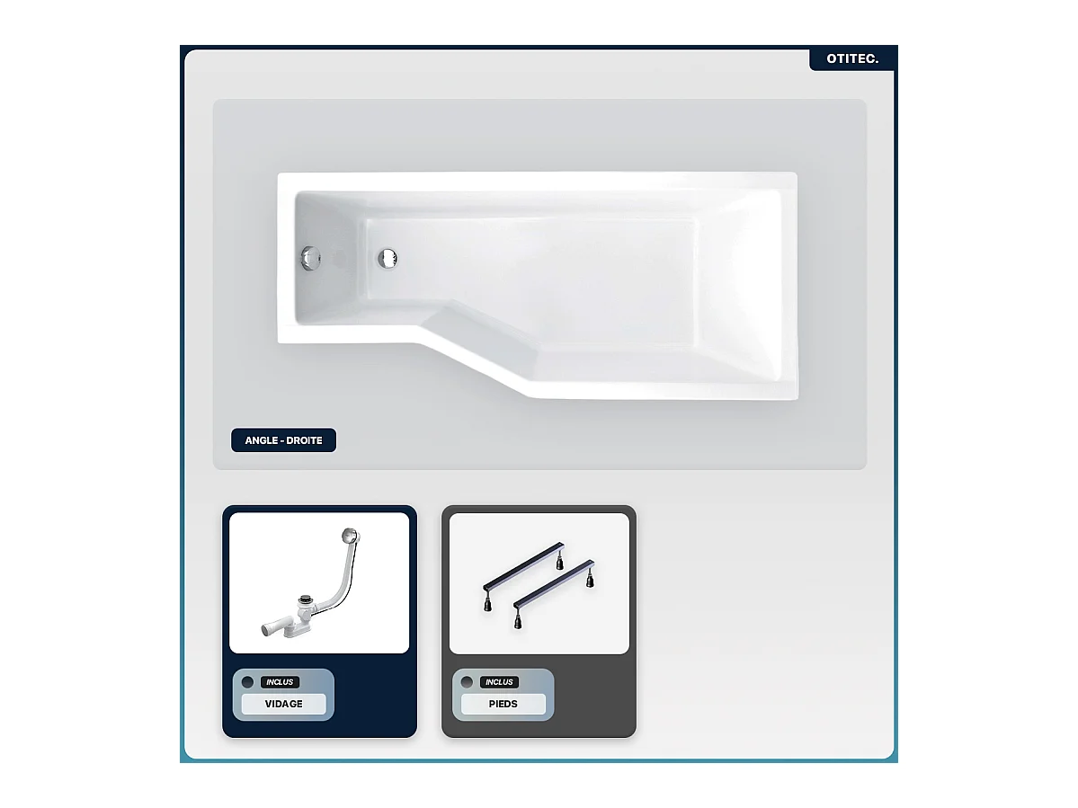 Baignoire asymétrique - 170 x 75 cm - Droite - sans Habillage - avec Pieds - Vidage Chrome - INTEGRA