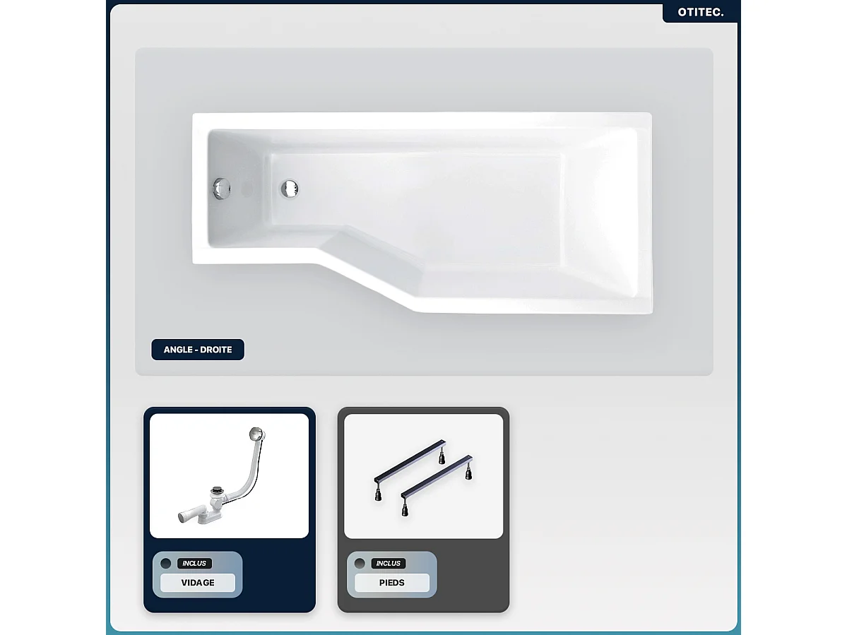 Baignoire asymétrique - 170 x 75 cm - Droite - sans Habillage - avec Pieds - Vidage Chrome - INTEGRA