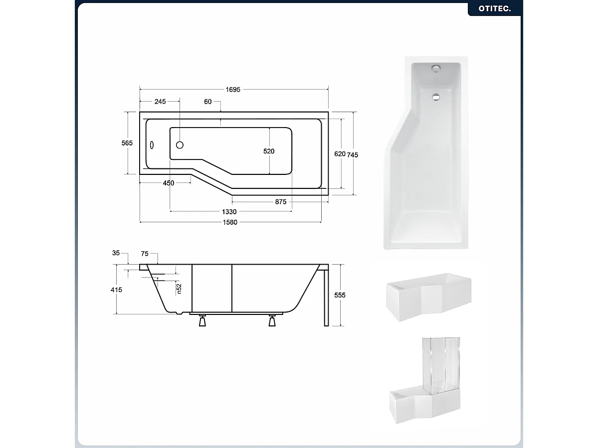Baignoire asymétrique - 170 x 75 cm - Droite - sans Habillage - avec Pieds - Pare Baignoire 3 Volets - Vidage Chrome - INTEGRA