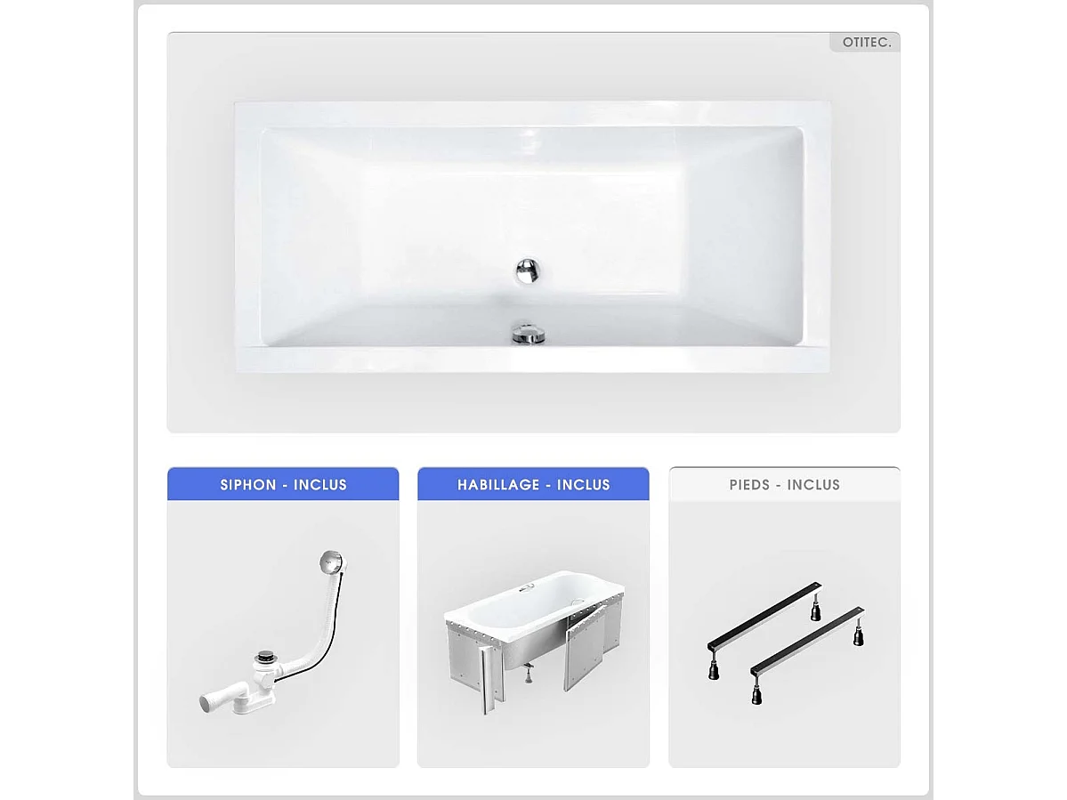 Baignoire rectangulaire - 165 x 75 cm - avec Habillage - Pieds - Vidage Chrome - QUADRO SLIM