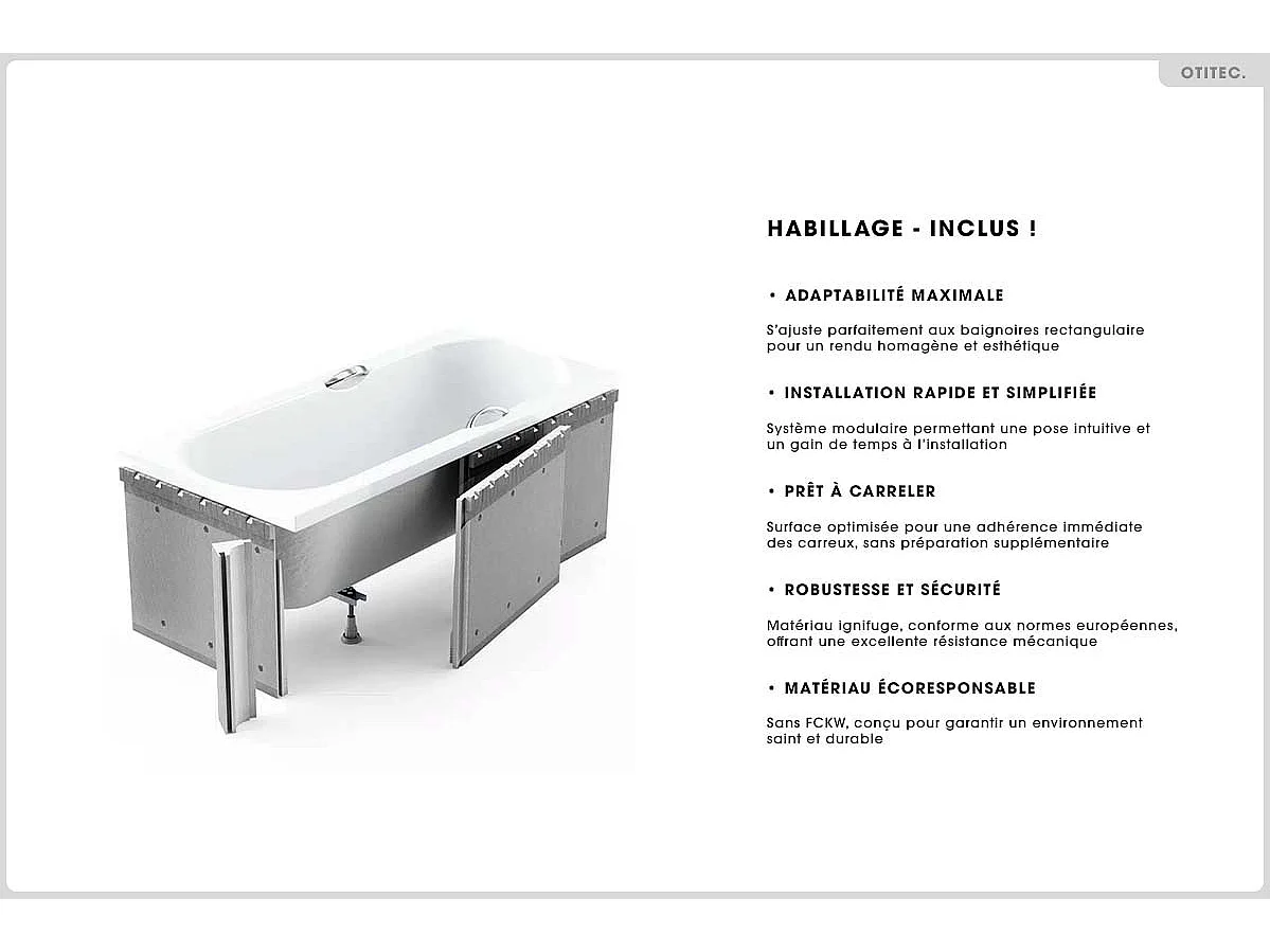 Baignoire rectangulaire - 165 x 75 cm - avec Habillage - Pieds - Vidage Chrome - QUADRO SLIM