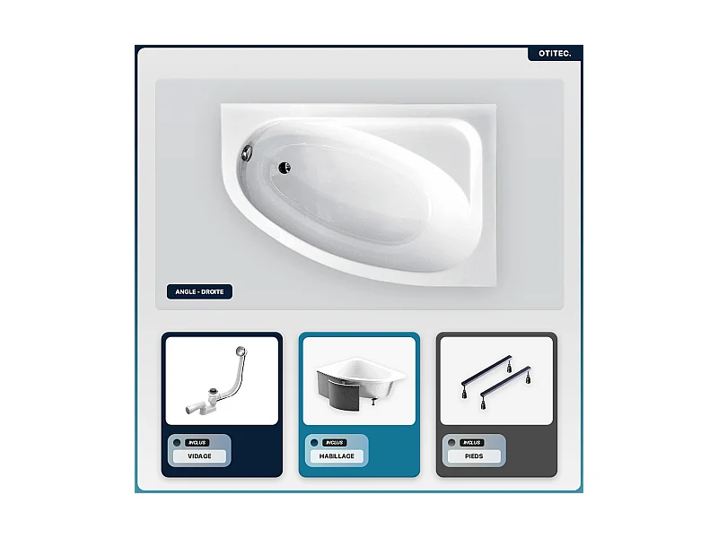 Baignoire asymétrique - 140 x 80 cm - Droite - avec Habillage - Pieds - Vidage Chrome - CORNEA