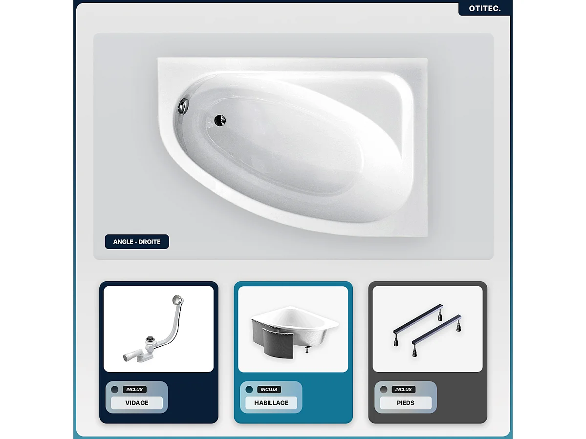 Baignoire asymétrique - 140 x 80 cm - Droite - avec Habillage - Pieds - Vidage Chrome - CORNEA