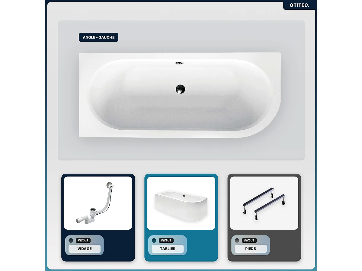 Baignoire asymétrique - 180 x 80 cm - Gauche - avec Tablier Blanc - Pieds - Vidage Chrome - AVITA