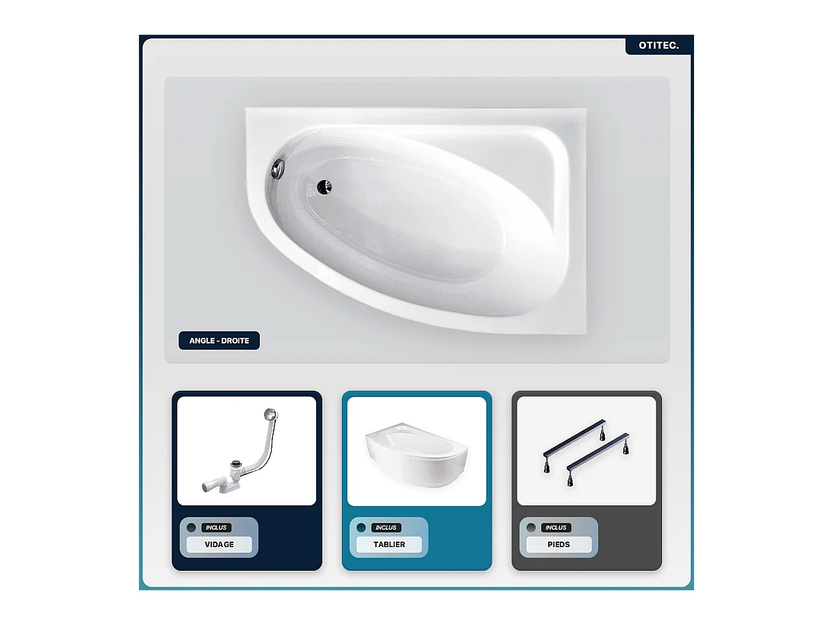 Baignoire asymétrique - 150 x 100 cm - Droite - avec Tablier Blanc - Pieds - Vidage Chrome - CORNEA