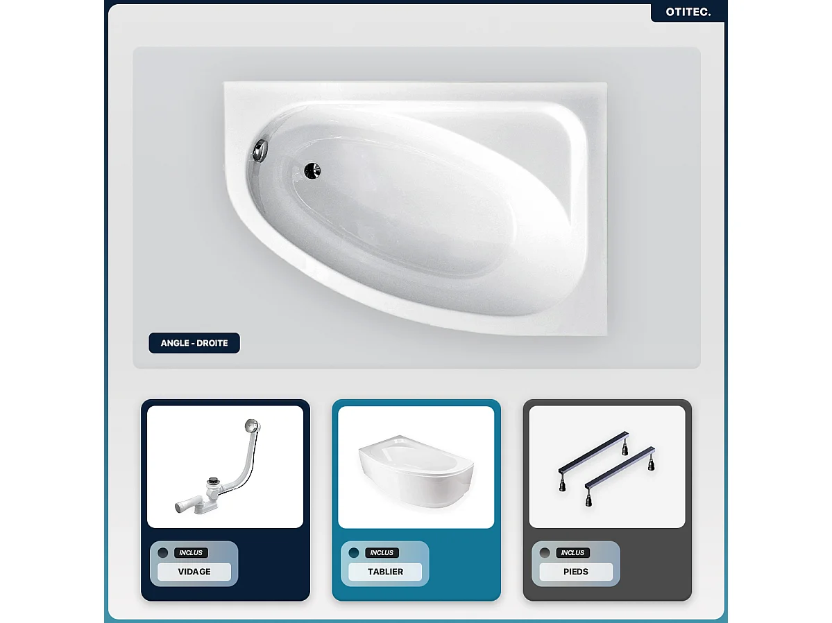 Baignoire asymétrique - 150 x 100 cm - Droite - avec Tablier Blanc - Pieds - Vidage Chrome - CORNEA