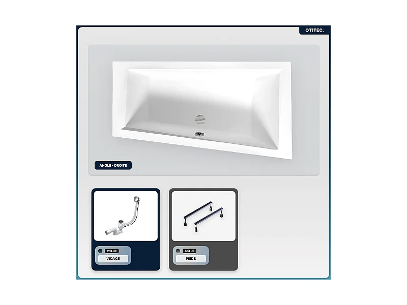 Baignoire asymétrique - 150 x 85 cm - Droite - sans Habillage - avec Pieds - Vidage Chrome - INTIMA SLIM