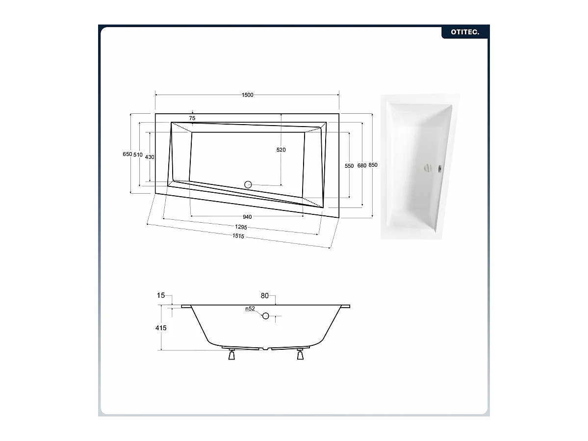 Baignoire asymétrique - 150 x 85 cm - Droite - sans Habillage - avec Pieds - Vidage Chrome - INTIMA SLIM