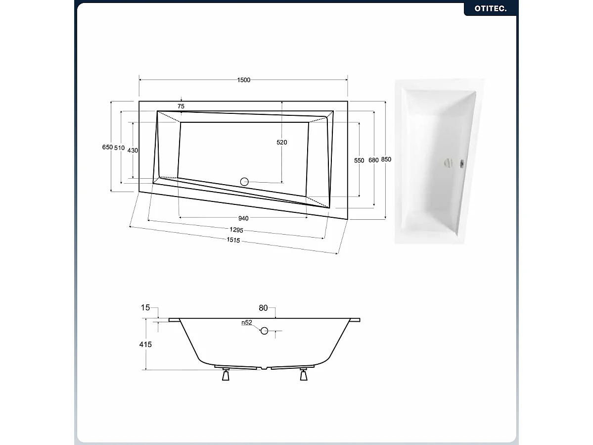 Baignoire asymétrique - 150 x 85 cm - Droite - sans Habillage - avec Pieds - Vidage Chrome - INTIMA SLIM
