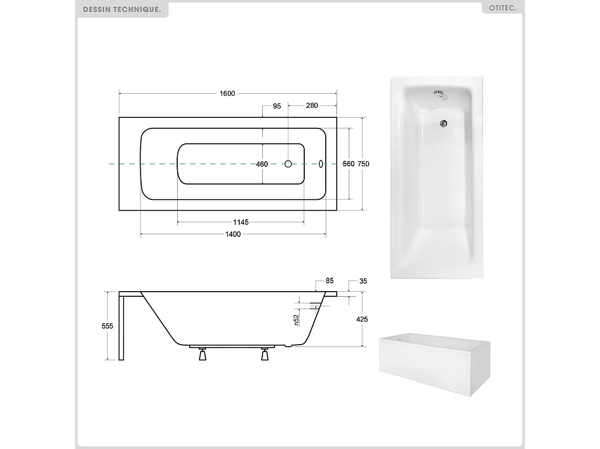 Baignoire rectangulaire - 160 x 75 cm - avec Habillage - Pieds - Poignées - Repose-tête - Vidage Chrome - TALIA PREMIUM