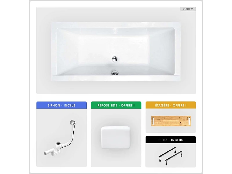 Baignoire rectangulaire - 190 x 90 cm - sans Habillage - avec Pieds - Repose-tête - Étagère bambou - Vidage Chrome - QUADRO