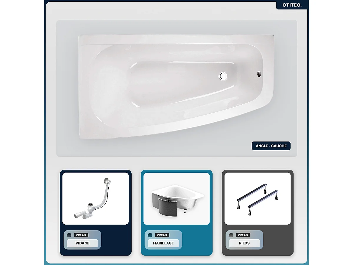 Baignoire asymétrique - 150 x 80 cm - Gauche - avec Habillage - Pieds - Vidage Chrome - LUNA