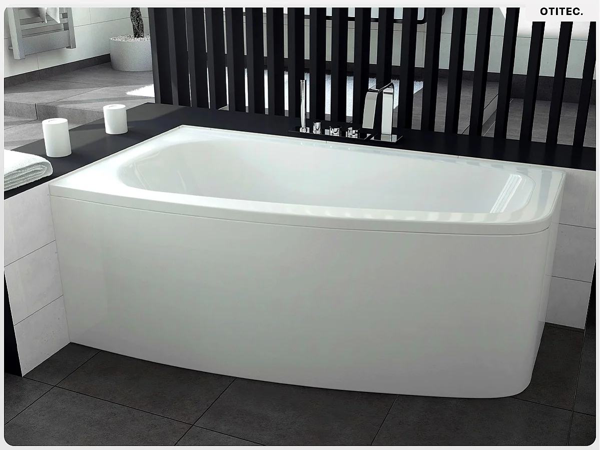 Baignoire asymétrique - 150 x 80 cm - Gauche - avec Habillage - Pieds - Vidage Chrome - LUNA