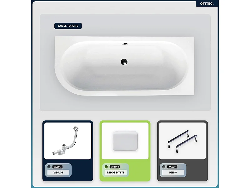 Baignoire asymétrique - 180 x 80 cm - Droite - sans Habillage - avec Pieds - Repose-tête - Vidage Chrome - AVITA