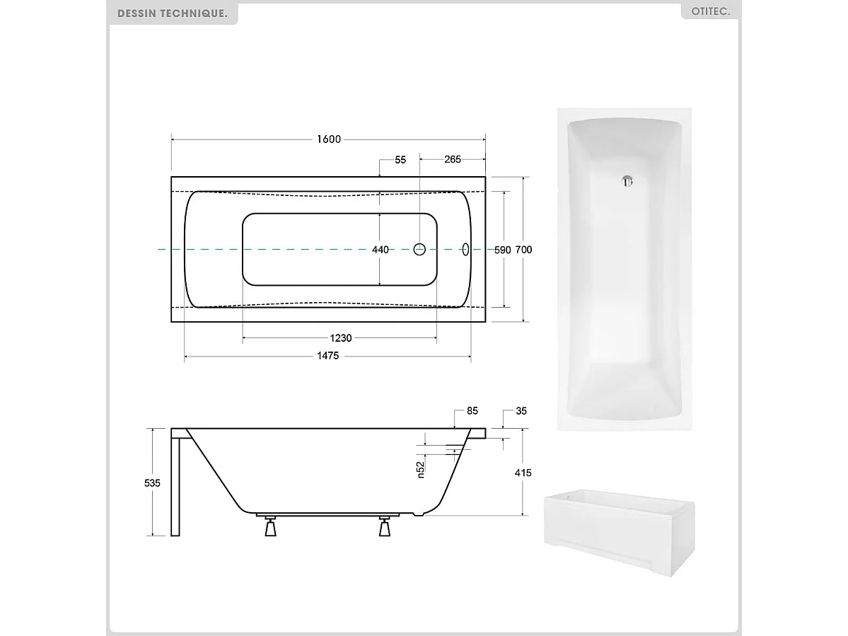 Baignoire rectangulaire - 160 x 70 cm - sans Habillage - avec Pieds - Étagère bambou - Vidage Chrome - OPTIMA