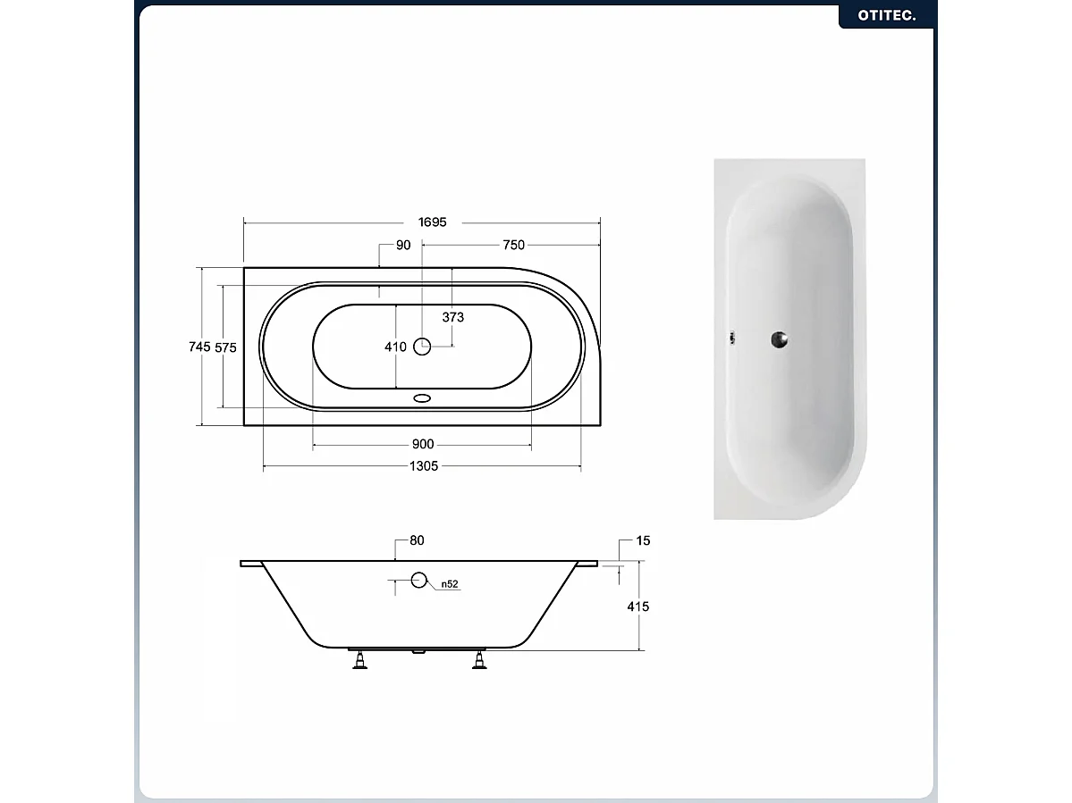 Baignoire asymétrique - 170 x 75 cm - Droite - sans Habillage - avec Pieds - Vidage Chrome - AVITA SLIM