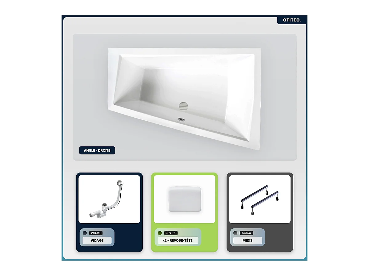Baignoire asymétrique - 170 x 125 cm - Droite - sans Habillage - avec Pieds - 2 Repose-têtes - Vidage Chrome - INTIMA DUO