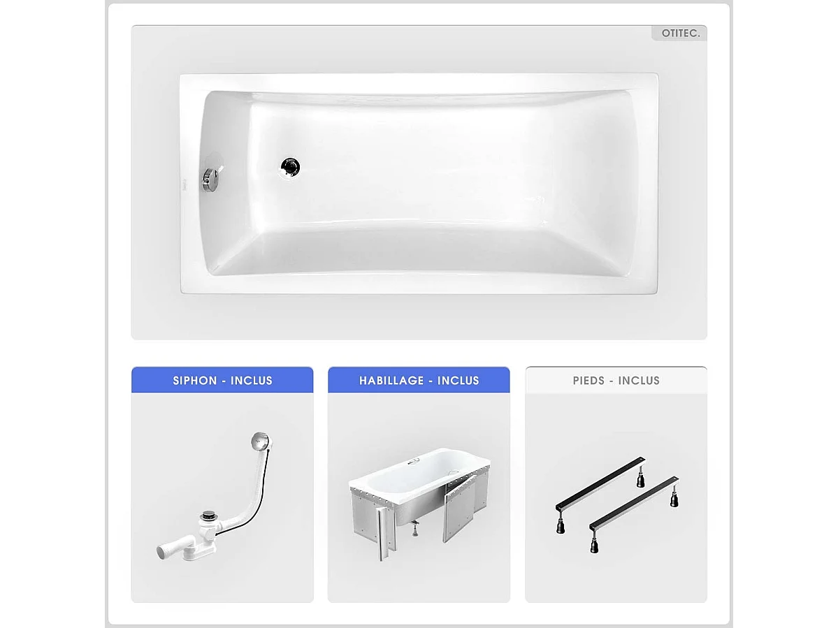 Baignoire rectangulaire - 140 x 70 cm - avec Habillage - Pieds - Vidage Chrome - OPTIMA