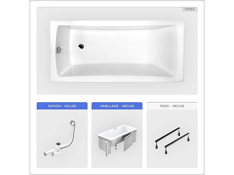 Baignoire rectangulaire - 140 x 70 cm - avec Habillage - Pieds - Vidage Chrome - OPTIMA