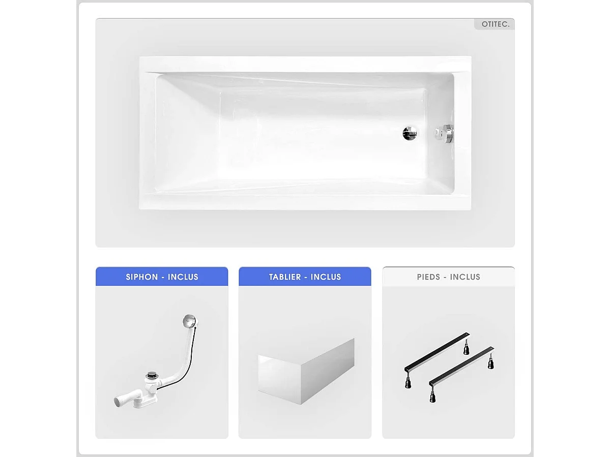 Baignoire rectangulaire - 170 x 70 cm - avec Tablier Blanc - Pieds - Vidage Chrome - MODERN