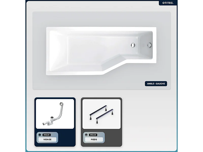 Baignoire asymétrique - 170 x 75 cm - Gauche - sans Habillage - avec Pieds - Vidage Chrome - INTEGRA