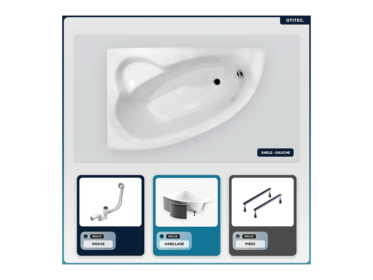 Baignoire asymétrique - 150 x 100 cm - Gauche - avec Habillage - Pieds - Poignées - Repose-tête - Vidage Chrome - NATALIA PREMIUM