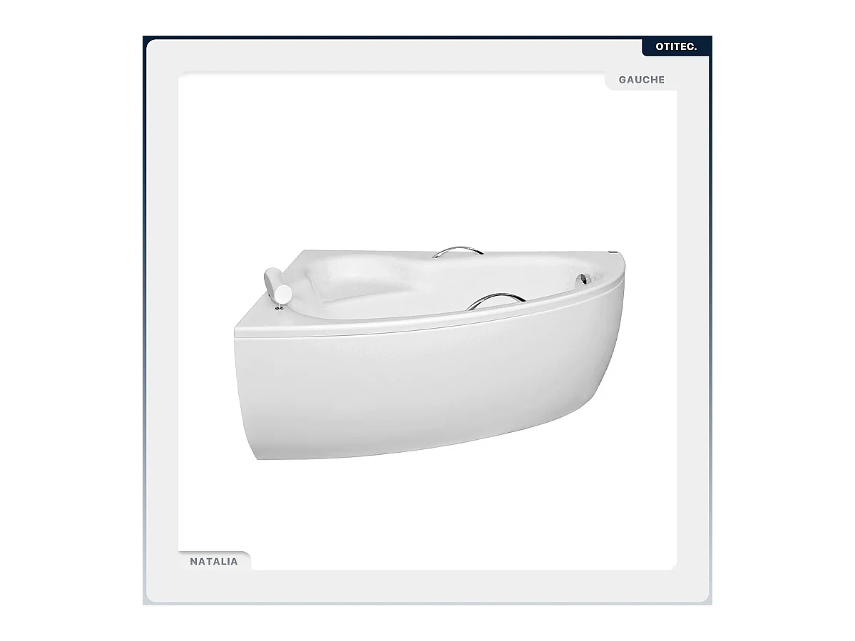 Baignoire asymétrique - 150 x 100 cm - Gauche - avec Habillage - Pieds - Poignées - Repose-tête - Vidage Chrome - NATALIA PREMIUM