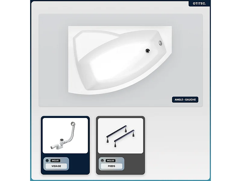 Baignoire asymétrique - 160 x 100 cm - Gauche - sans Habillage - avec Pieds - Vidage Chrome - RIMA