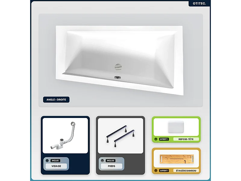 Baignoire asymétrique - 150 x 85 cm - Droite - sans Habillage - avec Pieds - Repose-tête - Étagère bambou - Vidage Chrome - INTIMA