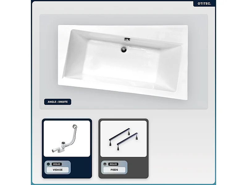 Baignoire asymétrique - 150 x 90 cm - Droite - sans Habillage - avec Pieds - Vidage Chrome - INFINITY
