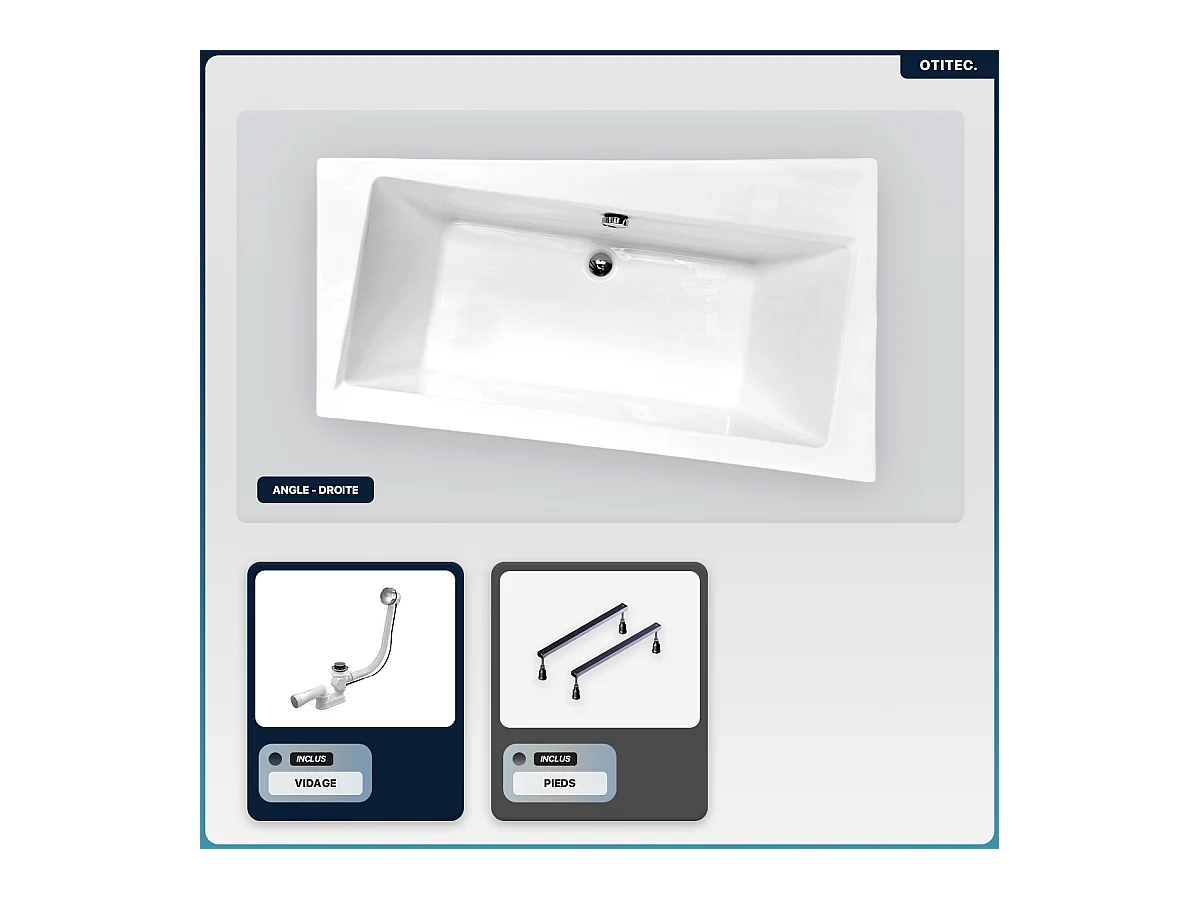 Baignoire asymétrique - 150 x 90 cm - Droite - sans Habillage - avec Pieds - Vidage Chrome - INFINITY