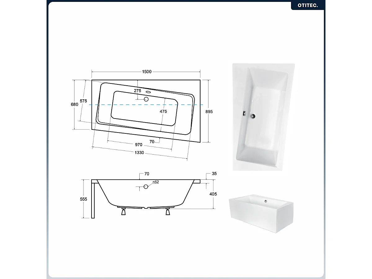 Baignoire asymétrique - 150 x 90 cm - Droite - sans Habillage - avec Pieds - Vidage Chrome - INFINITY