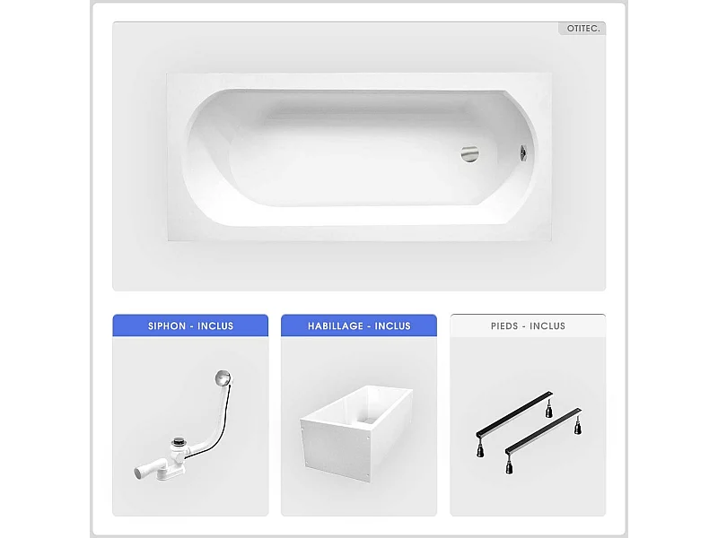 Baignoire rectangulaire - 170 x 75 cm - avec Habillage Polystyrène - Pieds - Vidage Chrome - INTRICA