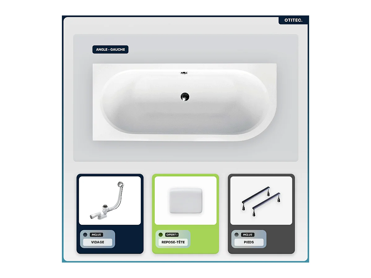 Baignoire asymétrique - 160 x 75 cm - Gauche - sans Habillage - avec Pieds - Repose-tête - Vidage Chrome - AVITA