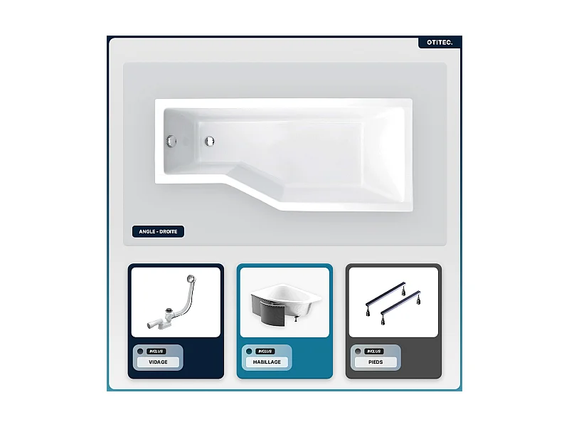 Baignoire asymétrique - 150 x 75 cm - Droite - avec Habillage - Pieds - Vidage Chrome - INTEGRA