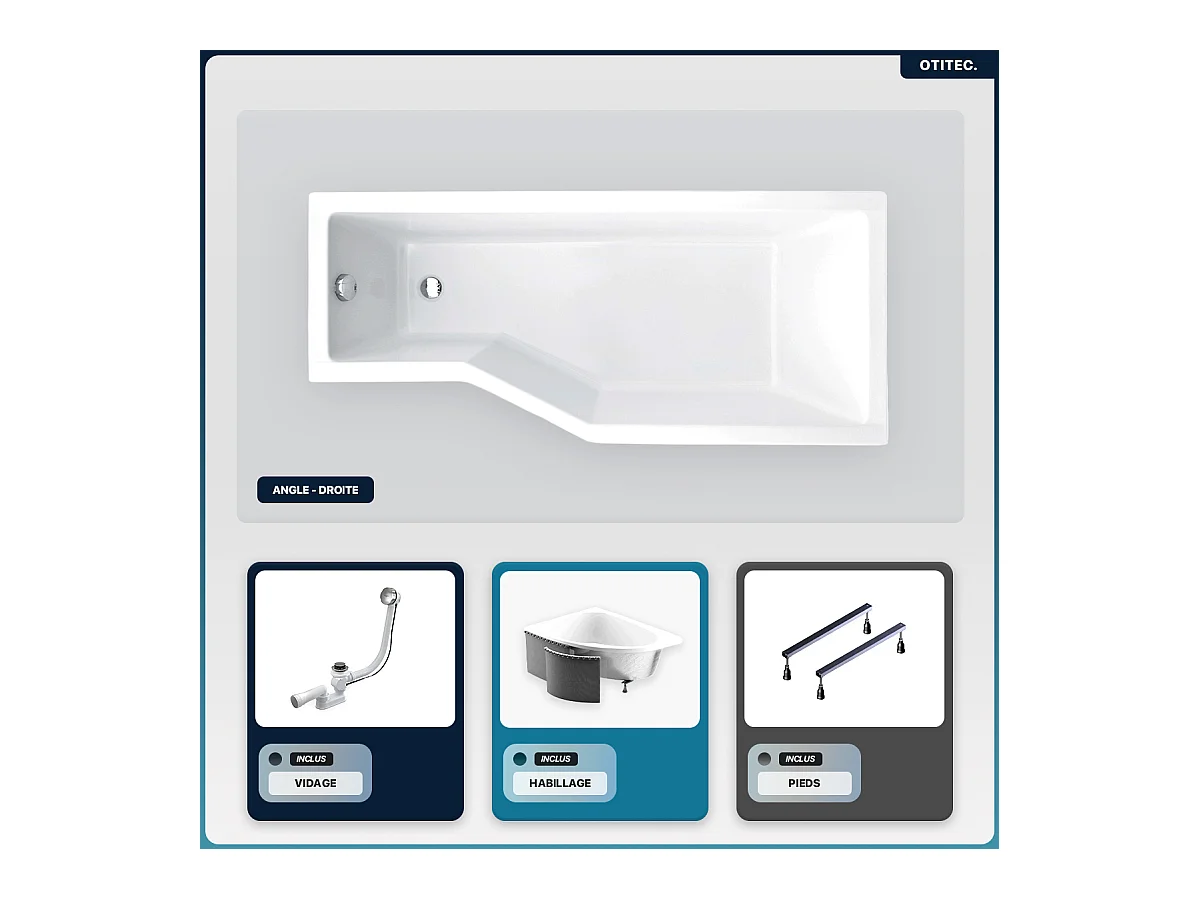 Baignoire asymétrique - 150 x 75 cm - Droite - avec Habillage - Pieds - Vidage Chrome - INTEGRA
