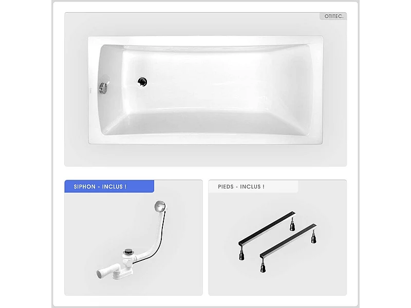 Baignoire rectangulaire - 140 x 70 cm - sans Habillage - avec Pieds - Vidage Chrome - OPTIMA