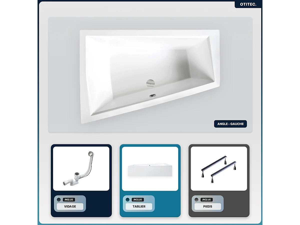 Baignoire asymétrique - 170 x 125 cm - Gauche - avec Tablier - Pieds - Vidage Chrome - INTIMA DUO