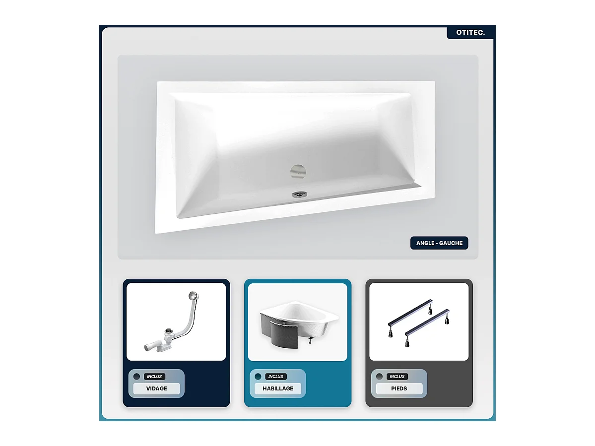 Baignoire asymétrique - 150 x 85 cm - Gauche - avec Habillage - Pieds - Vidage Chrome - INTIMA