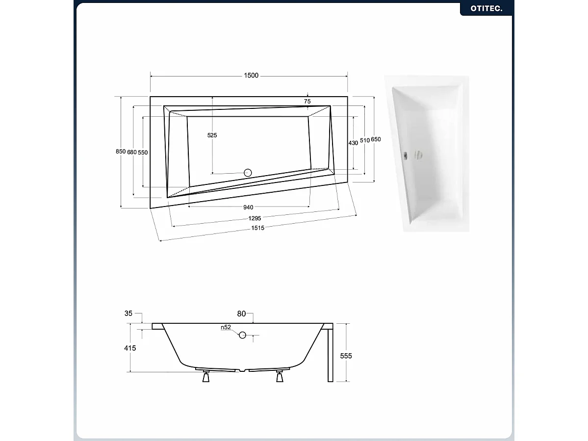 Baignoire asymétrique - 150 x 85 cm - Gauche - avec Habillage - Pieds - Vidage Chrome - INTIMA