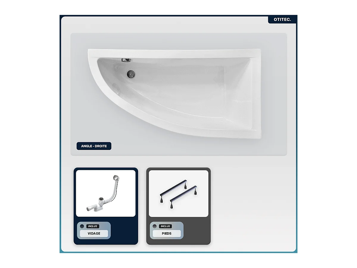 Baignoire asymétrique - 140 x 70 cm - Droite - sans Habillage - avec Pieds - Vidage Chrome - PRAKTIKA